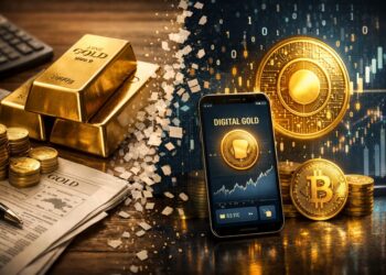 Muestra la transición de la inversión en oro: a la izquierda, lingotes, monedas y periódicos financieros; a la derecha, un smartphone con “Digital Gold”, tokens dorados.