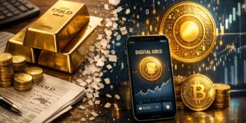 Muestra la transición de la inversión en oro: a la izquierda, lingotes, monedas y periódicos financieros; a la derecha, un smartphone con “Digital Gold”, tokens dorados.
