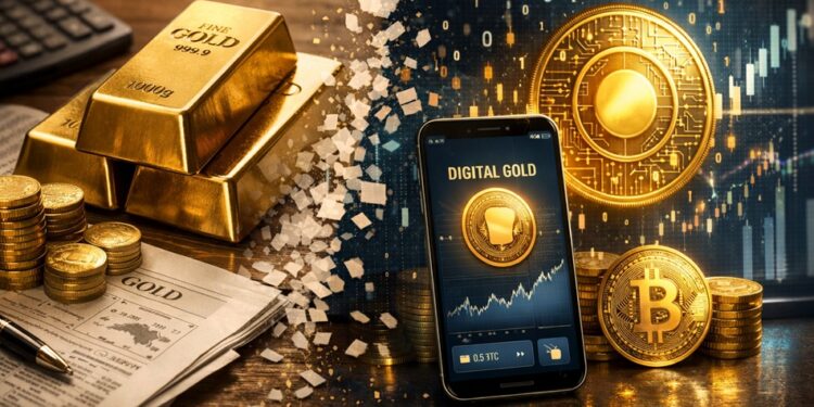 Muestra la transición de la inversión en oro: a la izquierda, lingotes, monedas y periódicos financieros; a la derecha, un smartphone con “Digital Gold”, tokens dorados.