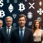 Un grupo de ejecutivos posa para una imagen y al fondo se observan distintos logos de criptomonedas