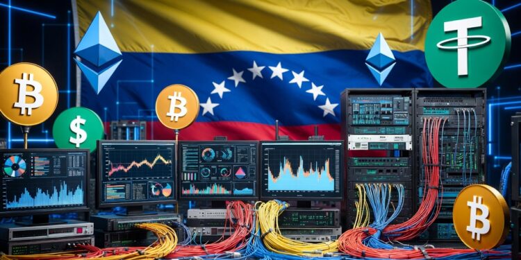 Centro de datos tecnológico con la bandera de Venezuela al fondo, rodeada de logotipos flotantes de criptomonedas como bitcoin, ether y USDT.