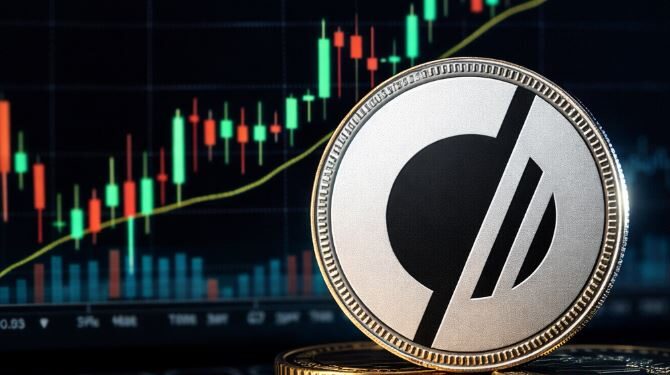 Una moneda con el logo de USX delante de una pantalla de gráfico de precios.