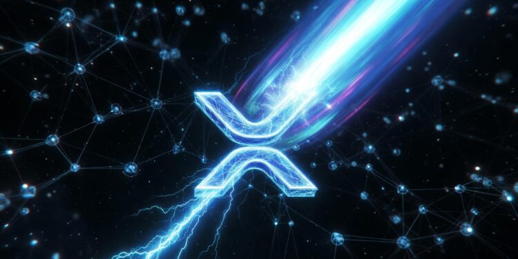 El logo de XRP en 3D, brillando intensamente con luz azul neón, se transforma en un poderoso rayo relámpago que atraviesa la escena a velocidad supersónica hacia la derecha.