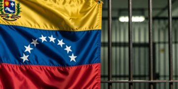 Bandera de Venezuela junto a barras de prisión.