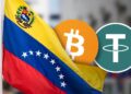 Bandera de Venezuela junto a logos de Bitcoin y USDT.