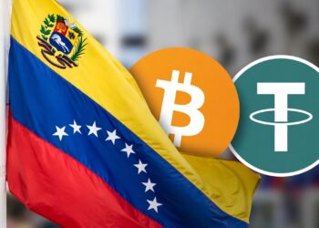 Bandera de Venezuela junto a logos de Bitcoin y USDT.