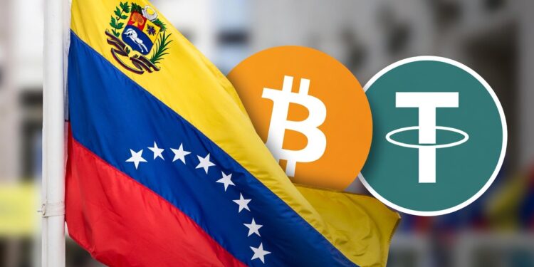 Bandera de Venezuela junto a logos de Bitcoin y USDT.