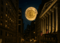 Paisaje nocturno de Wall Street con un bitcoin en lugar de luna.