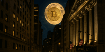 Paisaje nocturno de Wall Street con un bitcoin en lugar de luna.