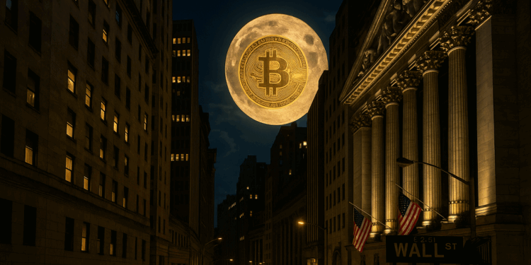 Paisaje nocturno de Wall Street con un bitcoin en lugar de luna.