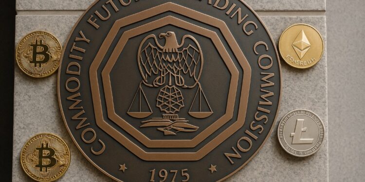 Logo de la CFTC junto a criptomonedas alrededor.