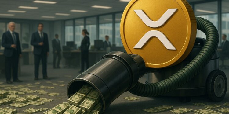 Moneda física de XRP sobre una aspiradora captando dólares en efectivo dentro de una oficina.