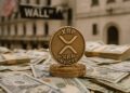 Moneda física de XRP dorada sobre billetes de dólares y el letrero de Wall Street.