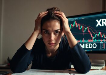 Una persona se agarra la cabeza con ambas manos mientras una pantalla de un ordenador muestra un gráfico de XRP.