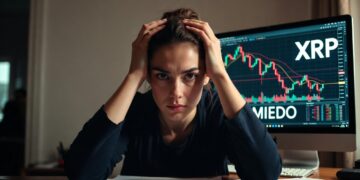 Una persona se agarra la cabeza con ambas manos mientras una pantalla de un ordenador muestra un gráfico de XRP.