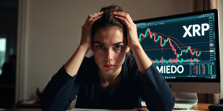 Una persona se agarra la cabeza con ambas manos mientras una pantalla de un ordenador muestra un gráfico de XRP.