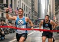 Corredor con camiseta de XRP cruza la meta en Wall Street, mientras un corredor con uniforme de solana llega detrás.