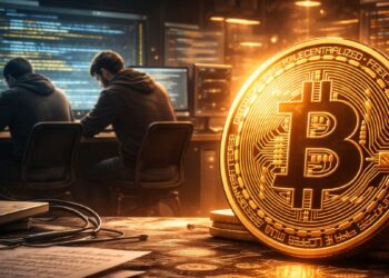 Personas trabajando en una computadora en el desarrollo de Bitcoin.