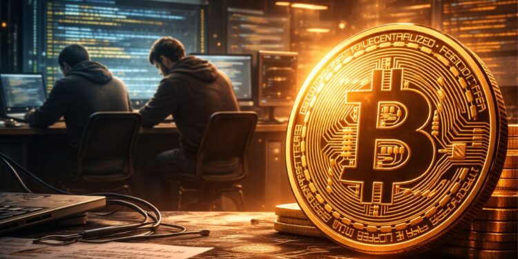 Personas trabajando en una computadora en el desarrollo de Bitcoin.
