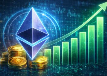 El logo de Ethereum juno a monedas doradas y un gráfico de barras ascendente.