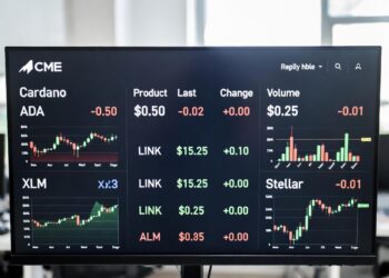 Una computadora con gráficos en CME de LINK, ADA y XLM.