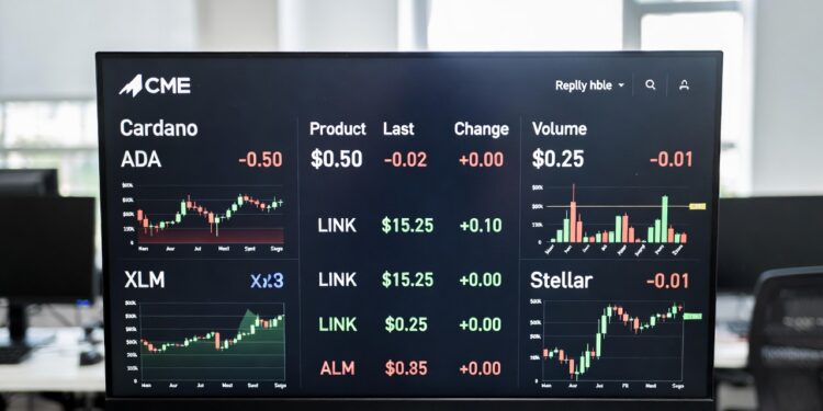 Una computadora con gráficos en CME de LINK, ADA y XLM.