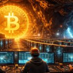 Un centro de minería de Bitcoin, con personas operando computadoras.