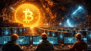 Un centro de minería de Bitcoin, con personas operando computadoras.