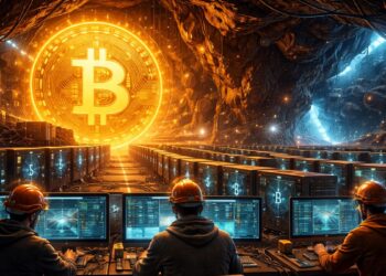 Un centro de minería de Bitcoin, con personas operando computadoras.