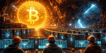 Un centro de minería de Bitcoin, con personas operando computadoras.