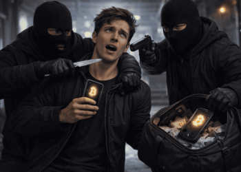 un tenedor de bitcoin siendo asaltado por delincuentes.