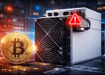 Un ASIC para minar Bitcoin, junto a una moneda de BTC.