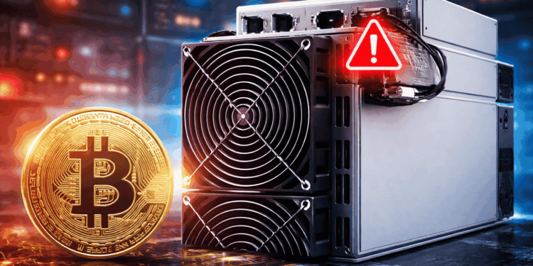 Un ASIC para minar Bitcoin, junto a una moneda de BTC.