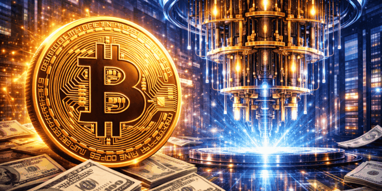 Un laboratorio de desarrollo cuántico, con una moneda de BTC y billetes de dólar.