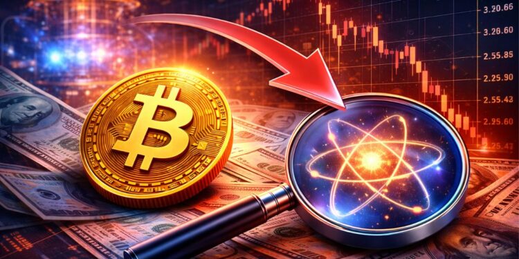 Una moneda de Bitcoin rodeada de billetes de dólar y una lupa.