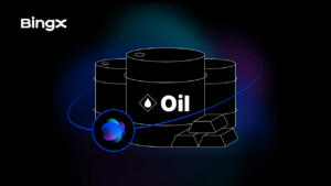 Inteligencia artificial integrada a Bingx para hacer trading con activos multiples. Sobre fondo negro con activos rodeados por IA.