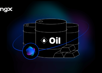 Inteligencia artificial integrada a Bingx para hacer trading con activos multiples. Sobre fondo negro con activos rodeados por IA.