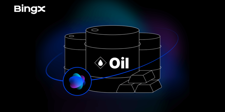 Inteligencia artificial integrada a Bingx para hacer trading con activos multiples. Sobre fondo negro con activos rodeados por IA.