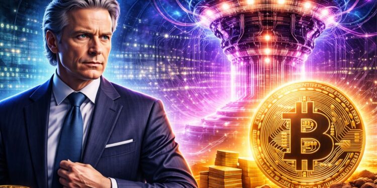 Un trader junto a una moneda de Bitcoin y a una computadora cuántica.