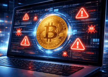 Una computadora corriendo un nodo de Bitcoin con signos de alerta.