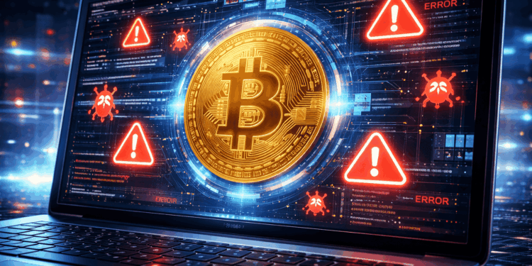 Una computadora corriendo un nodo de Bitcoin con signos de alerta.