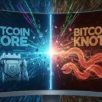 Una pantalla dividida entre Bitcoin Core y Knots