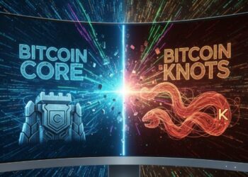 Una pantalla dividida entre Bitcoin Core y Knots
