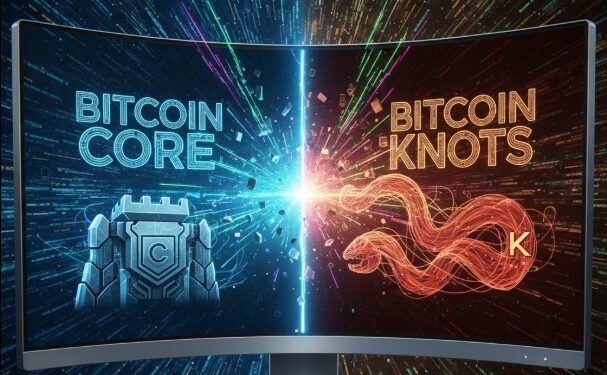 Una pantalla dividida entre Bitcoin Core y Knots
