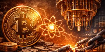 Una computadora cuántica atacando a una moneda de bitcoin.