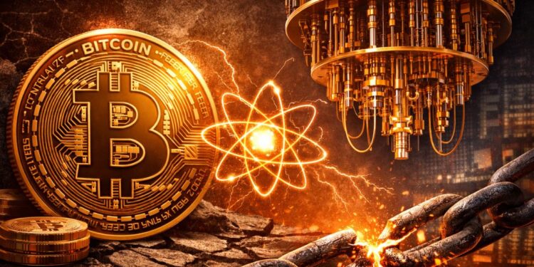 Una computadora cuántica atacando a una moneda de bitcoin.