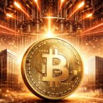 Una moneda de Bitcoin rodeada de edificios, con una computadora cuántica por encima.