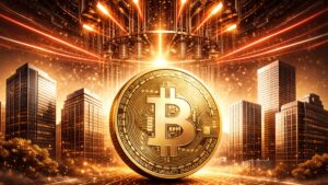 Una moneda de Bitcoin rodeada de edificios, con una computadora cuรกntica por encima.