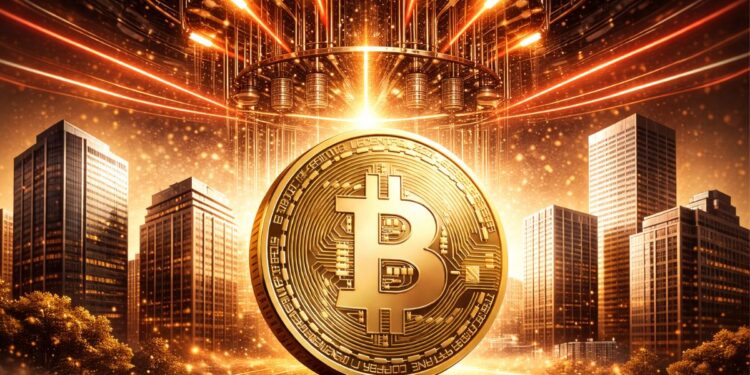 Una moneda de Bitcoin rodeada de edificios, con una computadora cuántica por encima.