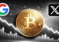 Imagen de una moneda de Bitcoin junto al logo de Google y de X.